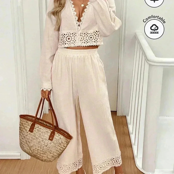 Apricot Casual Women's Fall Lace Splice Long Sleeve Cardigan And Pants - Picture 6 of 6